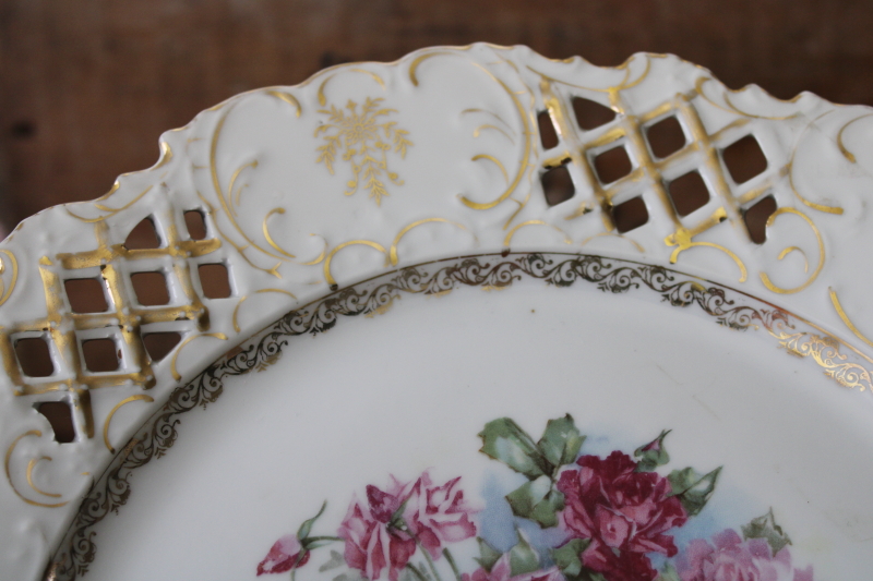 antique porcelain plate w/ cherries and roses, large charger pierced border reticulated china