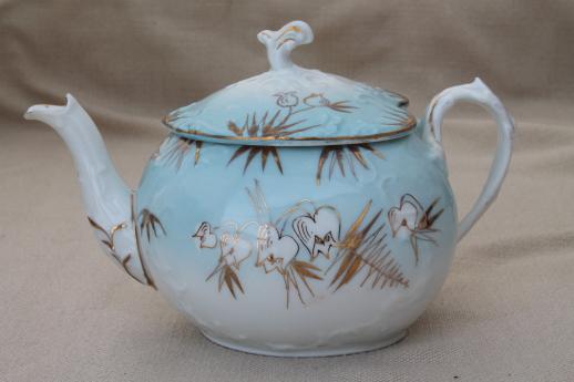 antique porcelain tea set, hand painted snowdrops heart shape china teapot, cream & sugar