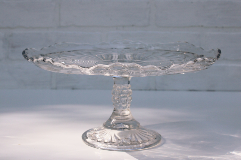 antique pressed glass cake stand, shell or palms pattern EAPG vintage pedestal plate