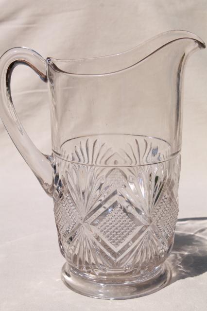 antique pressed glass lemonade pitcher, EAPG diamond & sunburst, waffle block & fan