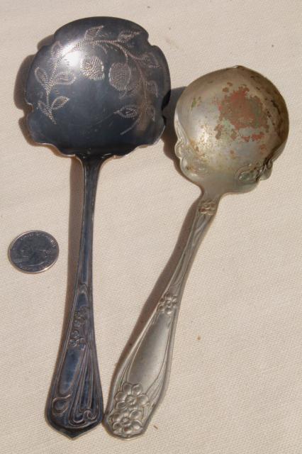 antique pressed glass spooner vase full of old silver flatware, vintage silverware lot