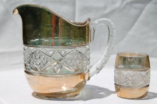 antique pressed glass water pitcher & glasses set, wide gold band barrel shape tumblers