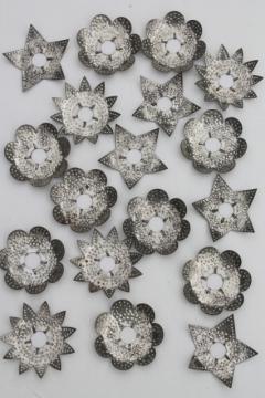 antique punched tin Christmas tree candle reflectors, rustic primitive stars & flowers