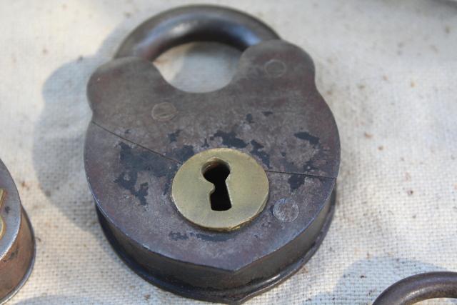 antique railroad locks, iron padlocks w/ brass lock cover, primitive heart shape