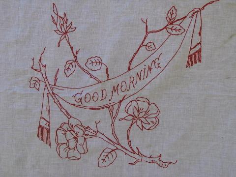 antique redwork embroidery, vintage cotton pillow cover embroidered Good Morning