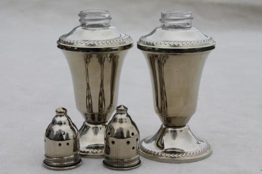 antique reproduction shakers, vintage S&P set Mayflower silver look non-tarnish holloware