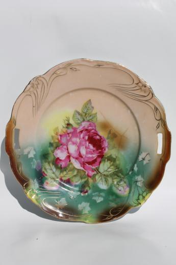 antique roses china, large bowl & plates, shabby cottage chic painted floral dishes