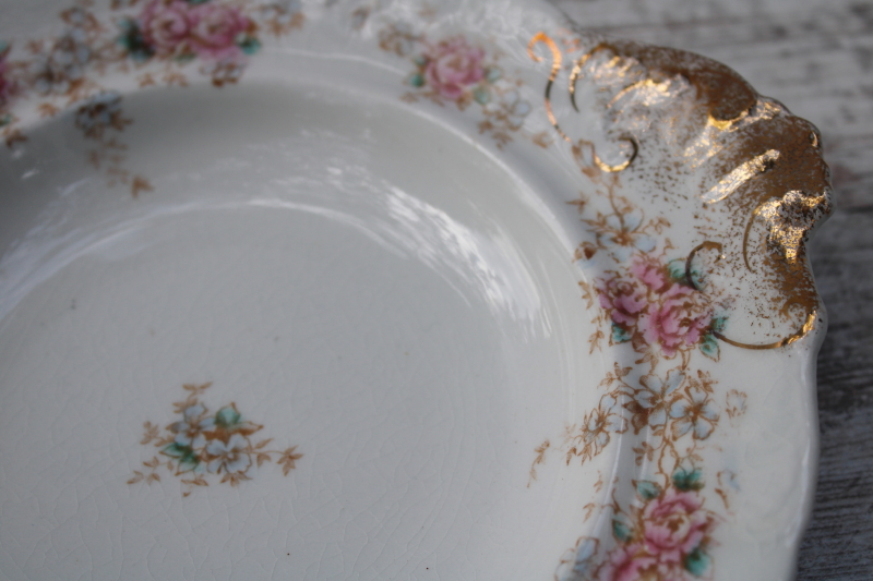 antique round covered butter dish or pancake server, pretty floral Warwick china early 1900s vintage