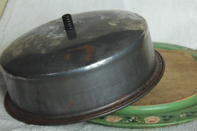 antique round wood board cheese plate w/ metal dome cover, 1920s vintage original paint