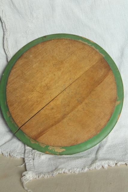 antique round wood board cheese plate w/ metal dome cover, 1920s vintage original paint