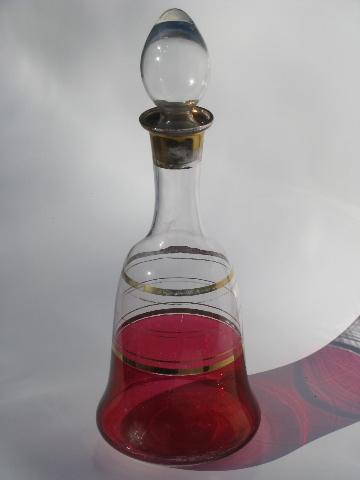 antique ruby or cranberry stain glass decanter bottle, tall stopper