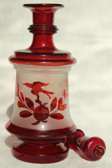 antique ruby stain hand blown glass decanter bottle, early 1900s vintage Bohemian glass