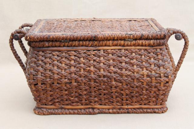 antique sewing box, shabby rustic woven straw sewing box early 1900s vintage