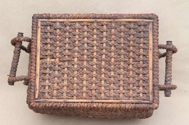 antique sewing box, shabby rustic woven straw sewing box early 1900s vintage