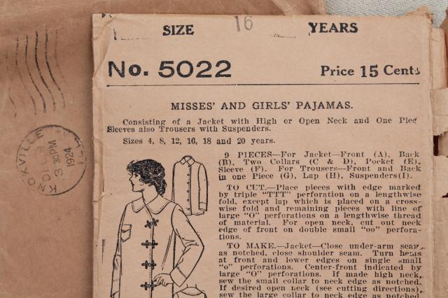 antique sewing pattern, 1920s vintage ladies size 16 pajamas, trousers & jacket w/ frog closures