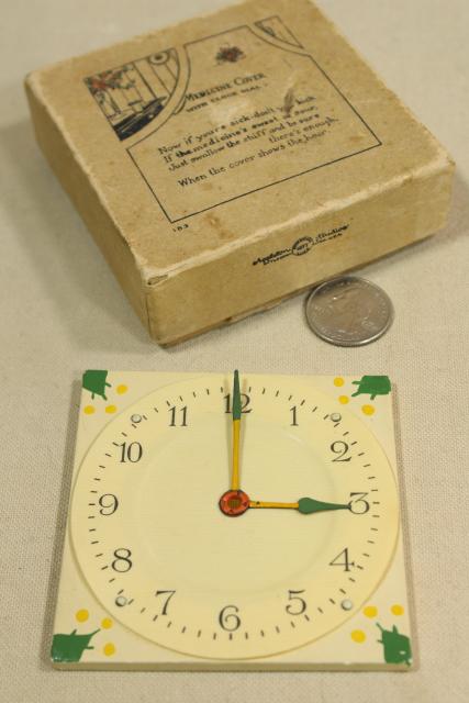 antique sick room invalid gadget, early century vintage celluloid medicine glass cover clock