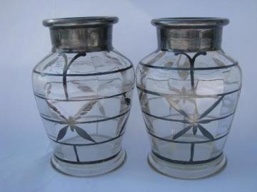 antique silver overlay hand-painted glass perfume, vintage vanity bottles
