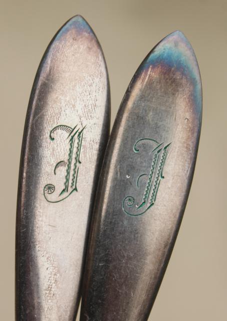 antique silver plate flatware, engraved J monogram set Rogers Queen Ann silverware