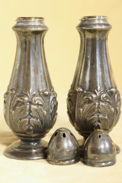 antique silver plate salt and pepper shakers w/ acanthus leaf, early 20th century vintage