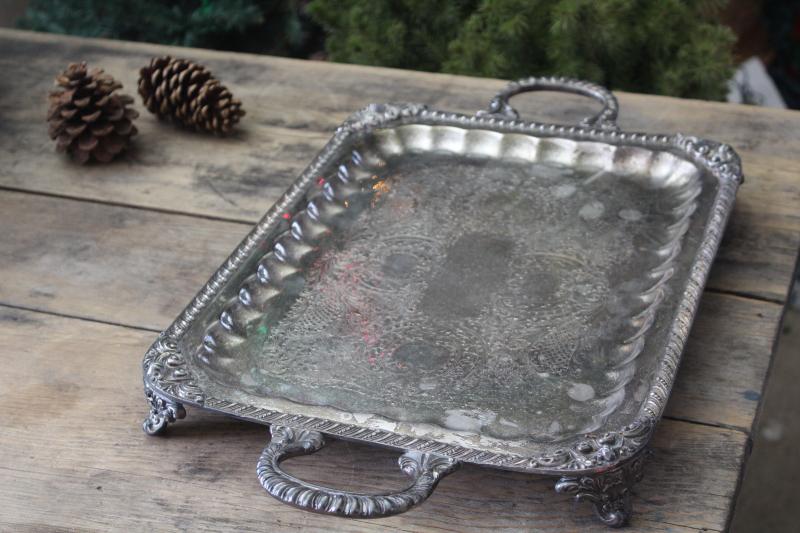 antique silver salver, heavy ornate butler's / waiter's tray early 1900s vintage