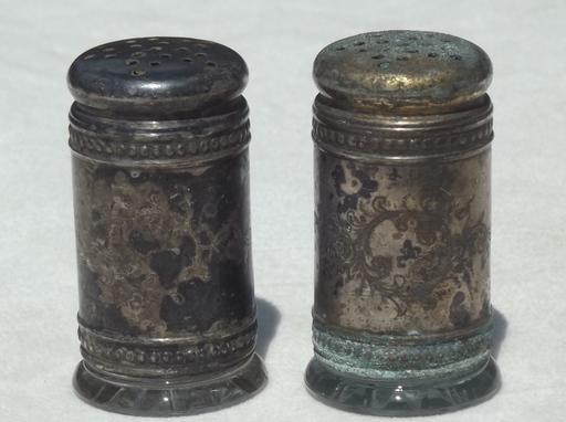 antique silver shaker set w/ glass jars, salt & pepper shakers dated Oct 31 1893