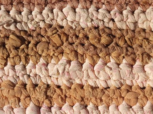 antique slipper rug, handmade crochet boudoir carpet striped in buff & ivory