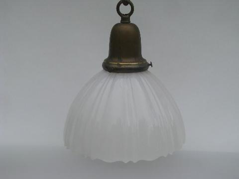 antique solid brass pendant light fixture, early 1900s opalescent milk glass shade