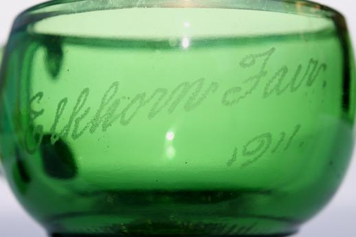 antique souvenir of the fair Elkhorn Wisconsin, EAPG vintage green glass cup w/ gold