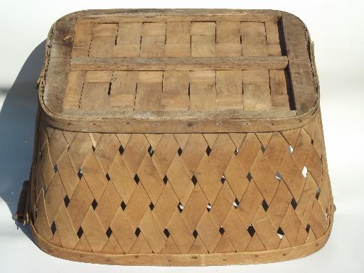 antique splint wash basket w/ wood handles, vintage primitive storage