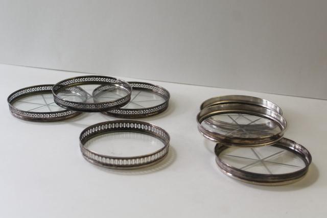 antique sterling silver and glass coasters, mismatched coaster set early 1900s vintage
