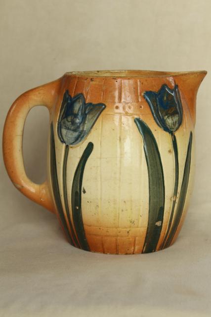 antique stoneware pitcher w/ painted tulips, early 1900s vintage Roseville pottery