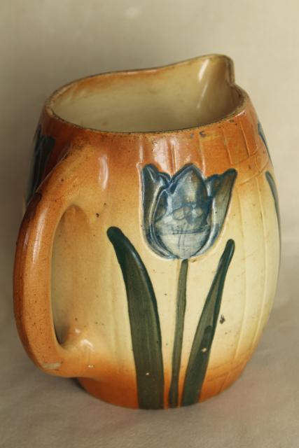 antique stoneware pitcher w/ painted tulips, early 1900s vintage Roseville pottery