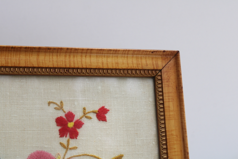 antique tiger birdseye maple wood picture frame, vintage crewel embroidery jacobean floral