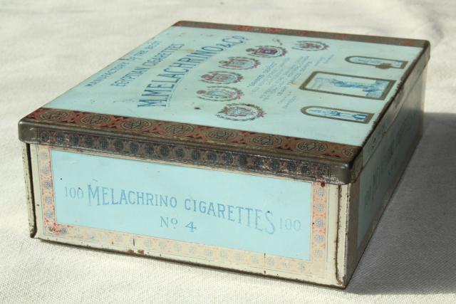 antique tin Melachrino Egyptian cigarettes, early 1900s vintage cigarette box tobacciana