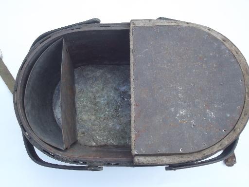 antique tin lined insulated picnic basket, 1930s vintage picnic hamper 
