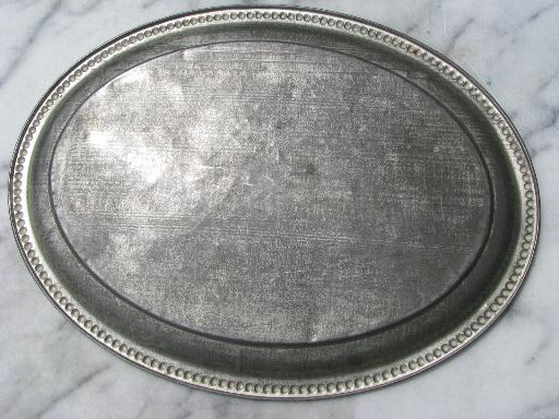 antique tole tin tray w/ old dull silver patina, tinned vintage toleware