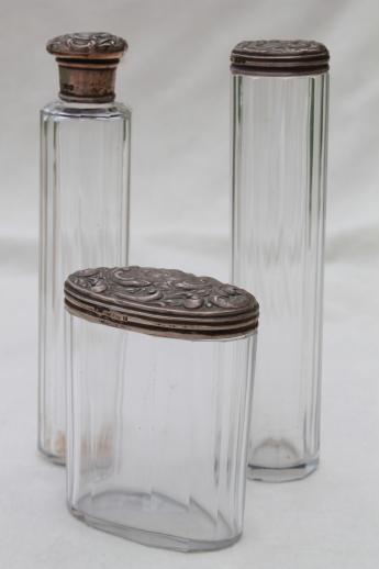 antique train case bottles or vanity table jars w/ sterling silver lids 