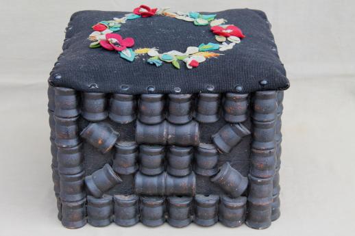 antique tramp art wood spool sewing stool, primitive hassock w/ wool felt flowers