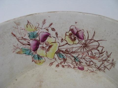 antique transferware china bowl, cream pan shape, pansies