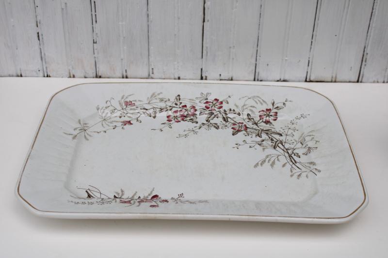 antique transferware china rectangular platter or tray, unicorn mark Wedgwood dianthus floral
