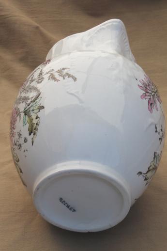 antique transferware wash pitcher water jug, multi-colored floral pattern