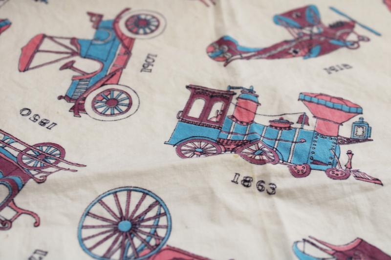 antique transportion vehicles print sheeting weight cotton fabric, mid-century vintage 