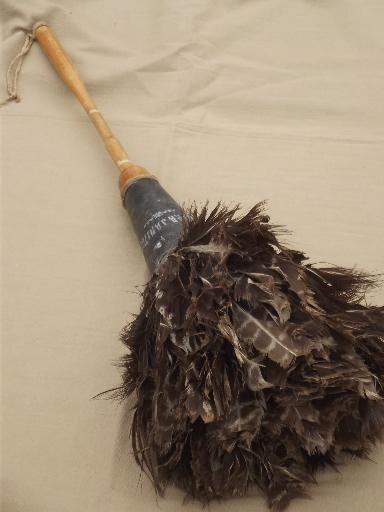 antique turkey feather duster w/ old wooden handle, early 1900s vintage