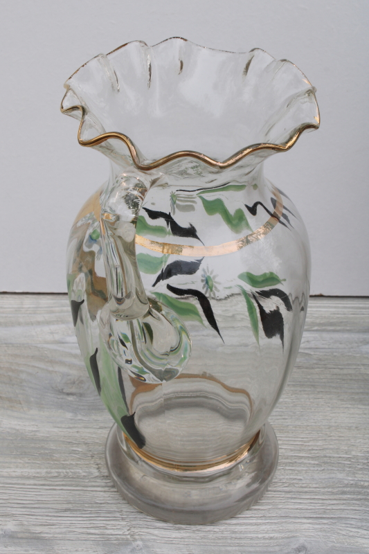 antique turn of the century vintage glass pitcher w/ hand painted enamel, Victorian style