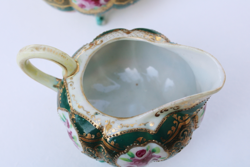 antique unmarked Nippon hand painted porcelain cream  sugar set, gold moriage Victorian floral