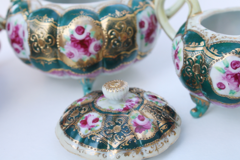 antique unmarked Nippon hand painted porcelain cream  sugar set, gold moriage Victorian floral
