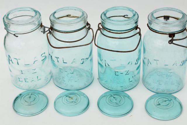 antique vintage Atlas glass canning jars, wire bail lid blue glass jars