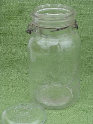 antique vintage Drey mason canning jars, glass lightning lids w/ wire bails
