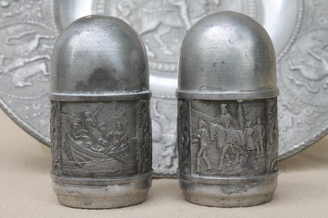 antique vintage European pewter charger plate & shakers w/ historical figures