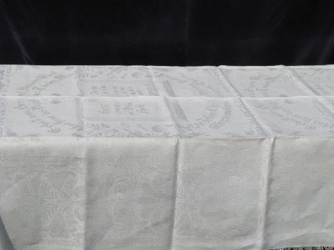 antique vintage German christening shawl, ivory linen damask, dated 1938